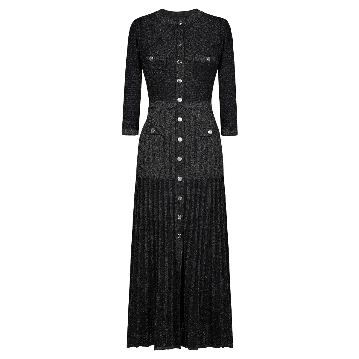 High Quality Fashionable Elastic Bright Silk Knitted Round Neck 7-inch Sleeve Single Row Button Lace Slim Fit Women's Dress