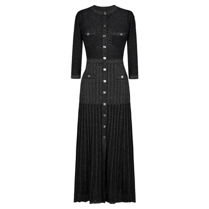 High Quality Fashionable Elastic Bright Silk Knitted Round Neck 7-inch Sleeve Single Row Button Lace Slim Fit Women's Dress