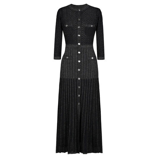 High Quality Fashionable Elastic Bright Silk Knitted Round Neck 7-inch Sleeve Single Row Button Lace Slim Fit Women's Dress