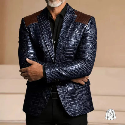 Men's Blazer Crocodile Embossed Leather Suit Jacket Shoulder Patch Notch Lapel Two Button Sport Coat Business Casual Flap Pocket