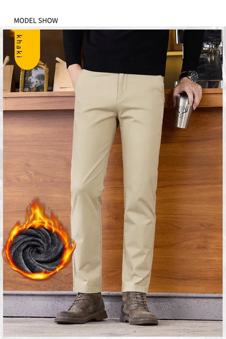 2025 Winter Fleece Pants Men's Pocket Fashion Thickened Cotton Stretch Comfort Plush Straight Business Pants Male