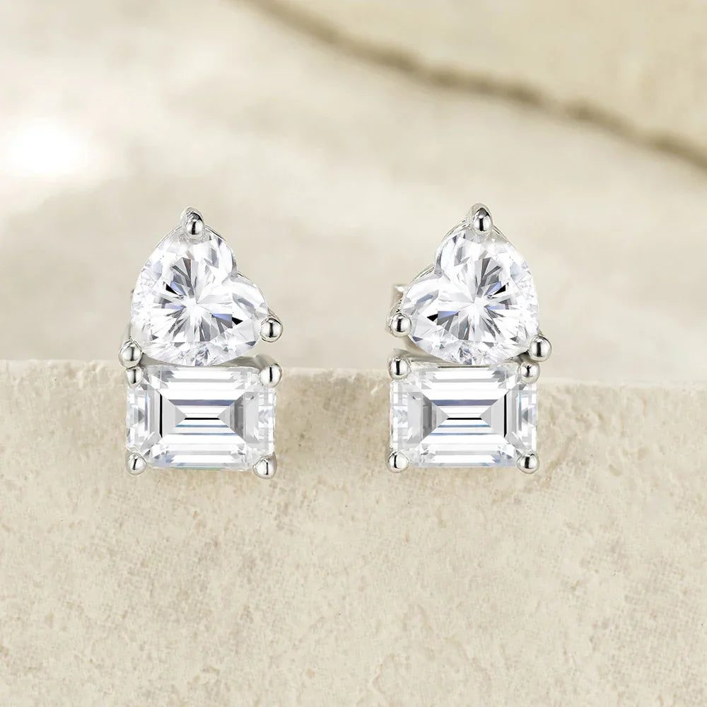 4cttw Heart & Emerald Moissanite Diamond Stud Earrings with Certificates 925 Sterling Silver Ear Studs Fine Jewelry for Women