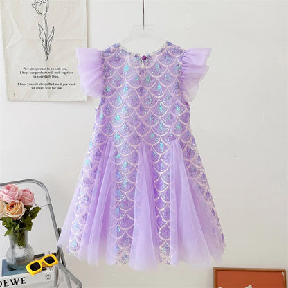 Girls Purple Mermaid Sequin Tulle Dress with Bow Veil Headband Kids Flutter Sleeve Princess Birthday Party Costume Dress