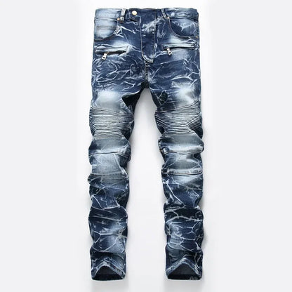 Zipper Pocket Retro Nostalgic Jeans Men's New Style High Street Motorcycle Fashion Stretch Slim Straight Denim Trousers Male