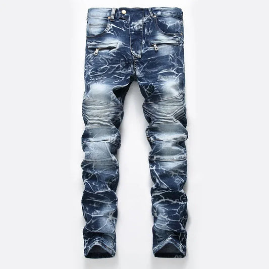 Zipper Pocket Retro Nostalgic Jeans Men's New Style High Street Motorcycle Fashion Stretch Slim Straight Denim Trousers Male