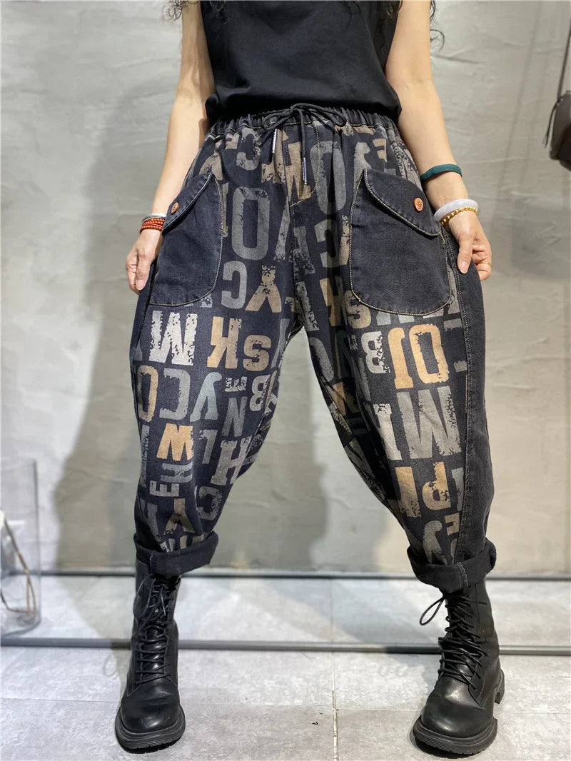 Korean Design Womens Printed Loose Jeans Fall Fashion Letter Elastic Denim Pants Ladies Leisure Punk Harem Trousers