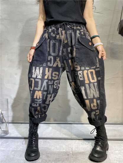 Korean Design Womens Printed Loose Jeans Fall Fashion Letter Elastic Denim Pants Ladies Leisure Punk Harem Trousers