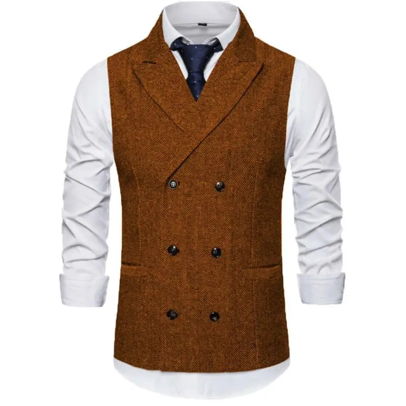 Men Vest Brown Herringbone Double Breasted Buckle Solid Business Casual Waistcoat Regular Slim Banquet Men Suit Vest