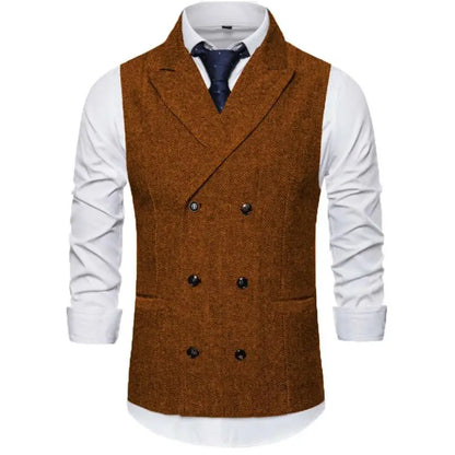 Men Vest Brown Herringbone Double Breasted Buckle Solid Business Casual Waistcoat Regular Slim Banquet Men Suit Vest