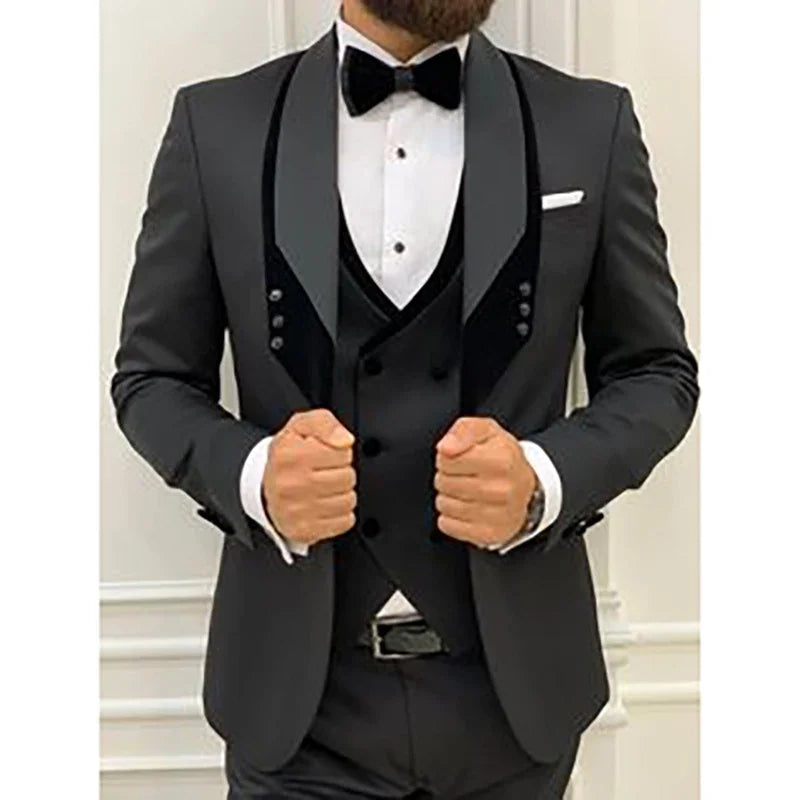 Men Suits Black Regular Fashion Elegant Shawl Lapel Jacket Pants Vest Three Piece Slim Fit Casual Prom Costume Hommes Custom