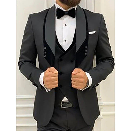 Men Suits Black Regular Fashion Elegant Shawl Lapel Jacket Pants Vest Three Piece Slim Fit Casual Prom Costume Hommes Custom