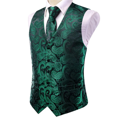 Mens Suit Vests Jacquard Woven Paisley Waistcoat Tie Hankerchief Cufflinks Set Green Teal Mint for Men Weddding Business Party