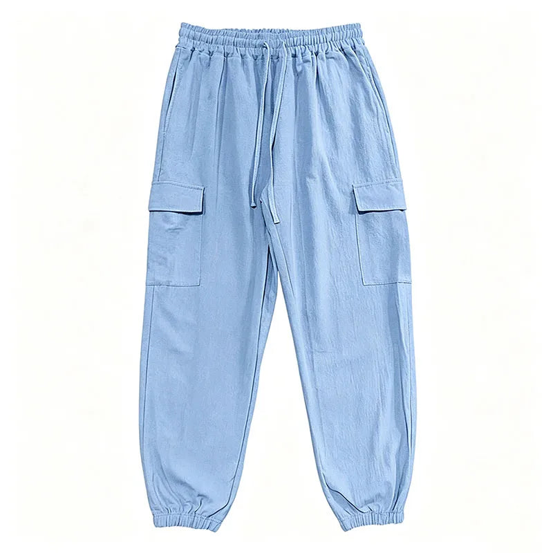 Men's Cotton Linen Blend Cargo Jogger Pants Elastic Waist Drawstring Multi Pockets Casual Breathable Streetwear Trousers for Men