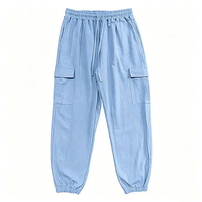 Men's Cotton Linen Blend Cargo Jogger Pants Elastic Waist Drawstring Multi Pockets Casual Breathable Streetwear Trousers for Men