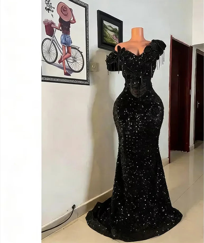 Red Aso Ebi Prom Dresses 2026 Black Girls Off Shoulder Crystals Appliques Sequins Formal Wedding Prom Party Gowns Customized