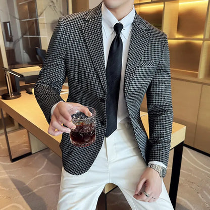 Men's Elegant Grid Suit Jacket 2026 Spring New Fashion Slim Blazer Jackets Social Prom Dress Jacket Men's High Quality Clothing