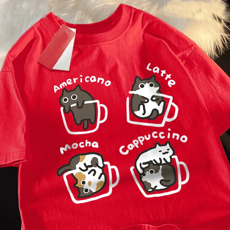 Cat Coffee Pure Cotton Trendy Summer Loose Short Sleeved T-shirt Men Women Original Mocha Latte Cat Three Flowers Fun Cat Tees