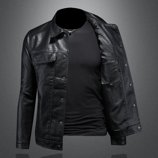 2024 Autumn and Winter New Men's Fashion Handsome with Solid Color Boutique Lapel Motorcycle Leather Coat Slim Fashion  M-5XL