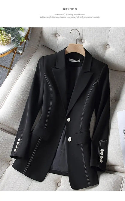 Black Blazers Women's Professional Suit Western-style OL Suits Top Exposed Line Decoration Temperament Slim Fit Line Jacket