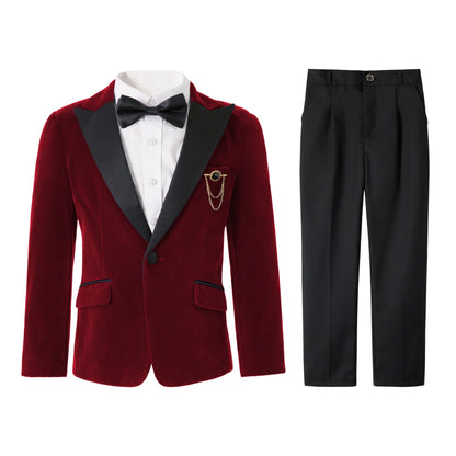5Pcs Boys Christmas Velvet Formal Suits Kids Slim Tuxedo Set Classic Wedding Birthday Wear 3-12Years