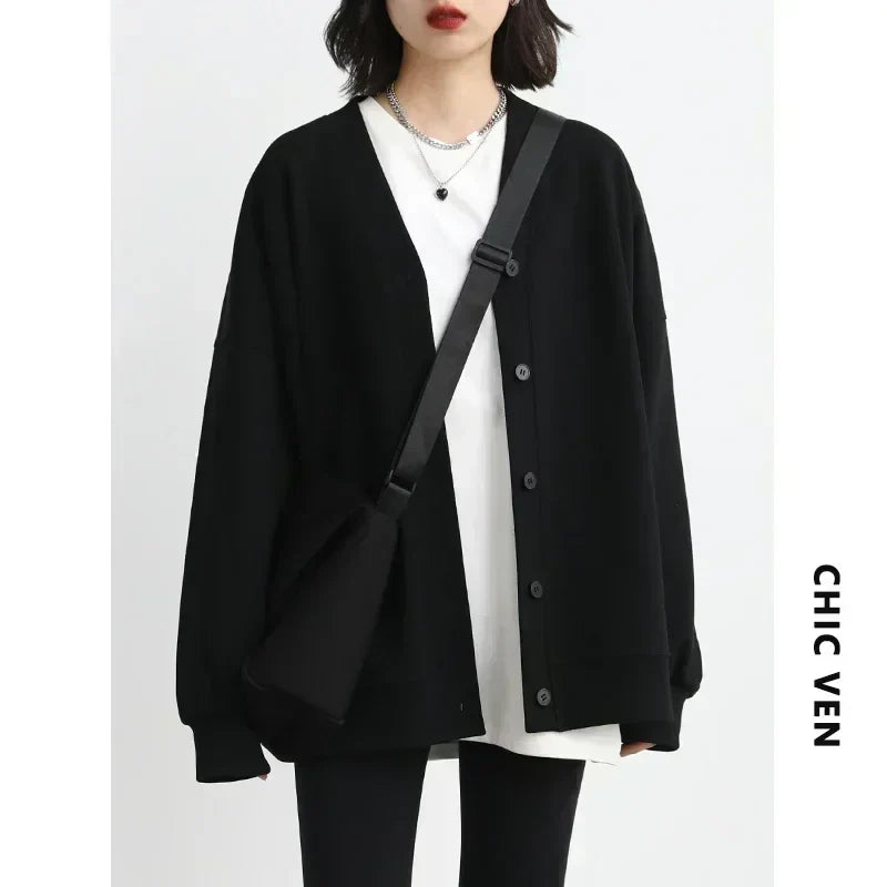 Korean Autumn Winter Women's Sports Coat Casual Loose V-neck Sweatshirt for Women Thick Warm Tops Office Lady Female