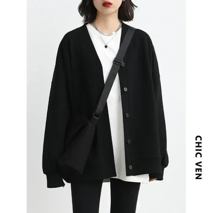 Korean Autumn Winter Women's Sports Coat Casual Loose V-neck Sweatshirt for Women Thick Warm Tops Office Lady Female
