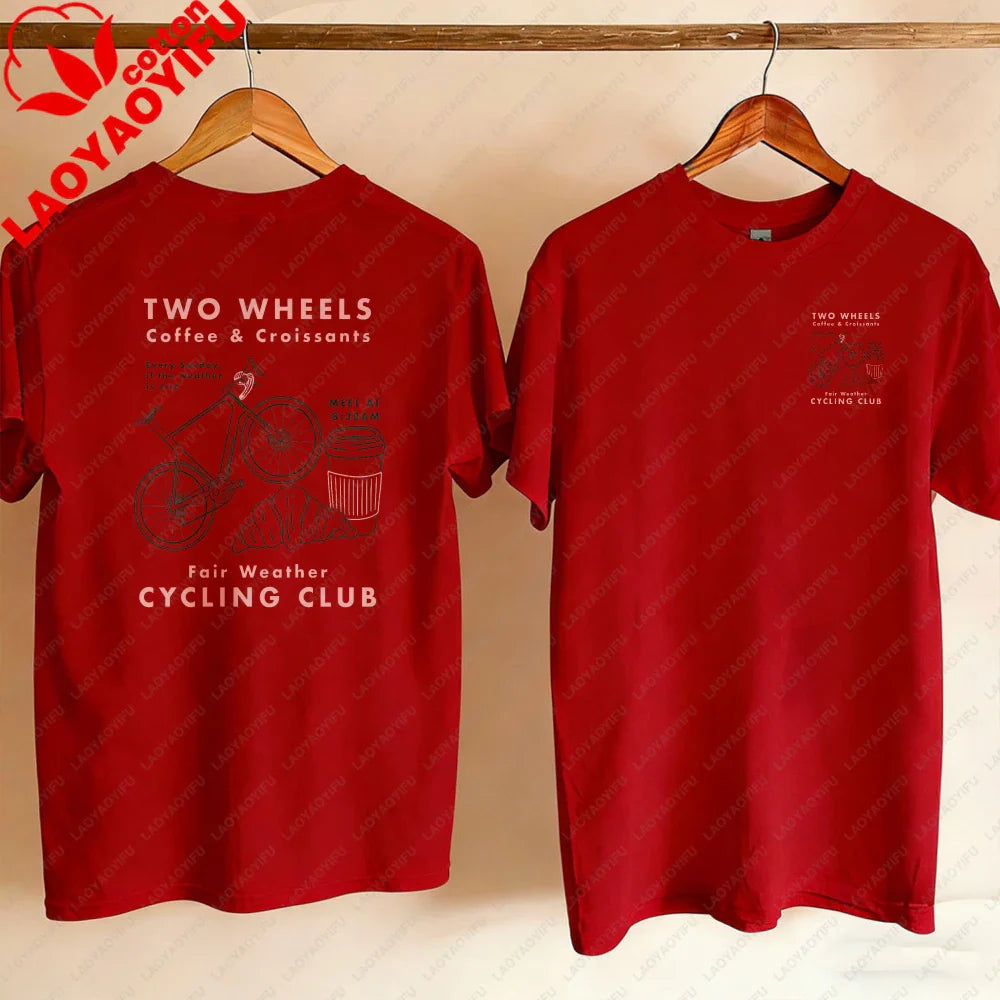 Cycling Club Cropped T-Shirt Hand-Drawn Bike Coffee & Croissants Graphic T Shirts Oversized T Shirt High Quality Cotton Tops Tee