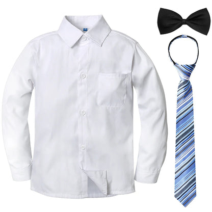 Boys Dress Shirt Kids School Uniform Long Sleeve with Bowtie Formal Gentleman Gift Perform Ceremony Clothes White 6 to 14 years