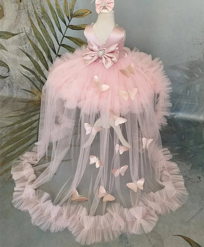 Customized Flower Girl Dresses Puffy Girl Dress Pink Baby Dress With Train Bow Cute Kid's Child Birthday Dresses Frist Communion