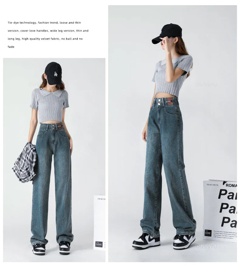 Y2K Woman Jeans High Waist Wide Leg Cotton Denim Clothing Blue White Streetwear Vintage Fashion Harajuku Straight Pants