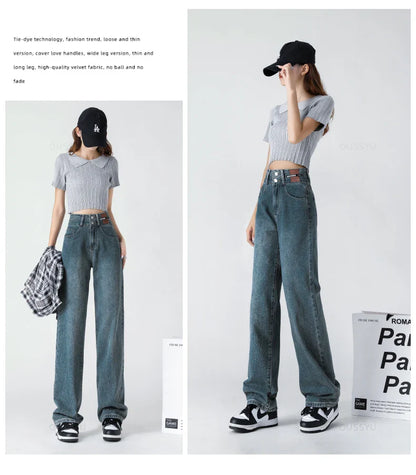 Y2K Woman Jeans High Waist Wide Leg Cotton Denim Clothing Blue White Streetwear Vintage Fashion Harajuku Straight Pants