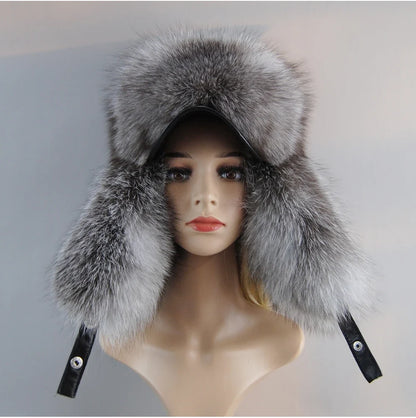 100% Real Fox Fur Hat Women's Russian Ushanka Aviator Trapper Snow Skiing Hat Caps Earflap Winter Raccoon Fur Bomber Hat