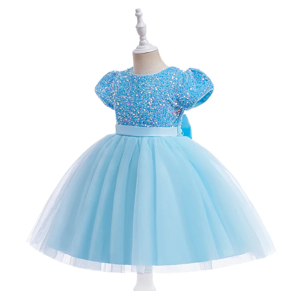 Summer Sequins Bow Party Dress For Girl Christmas Costume Elegant Wedding Princess Girls Dresses Lace Birthday Prom Gown Evening