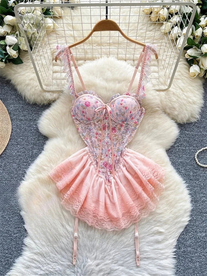 Woman Fashion Sexy Strap Dress New Sleeveless Slim Floral Print Mini Dress Comfortable Breathable Mesh Lace Mini Dress