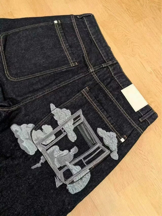 Vintage Window Embroidery Denim Shorts Men Women Y2K Streetwear Baggy Wide Leg Knee Length Dark Blue Casual Jean Shorts
