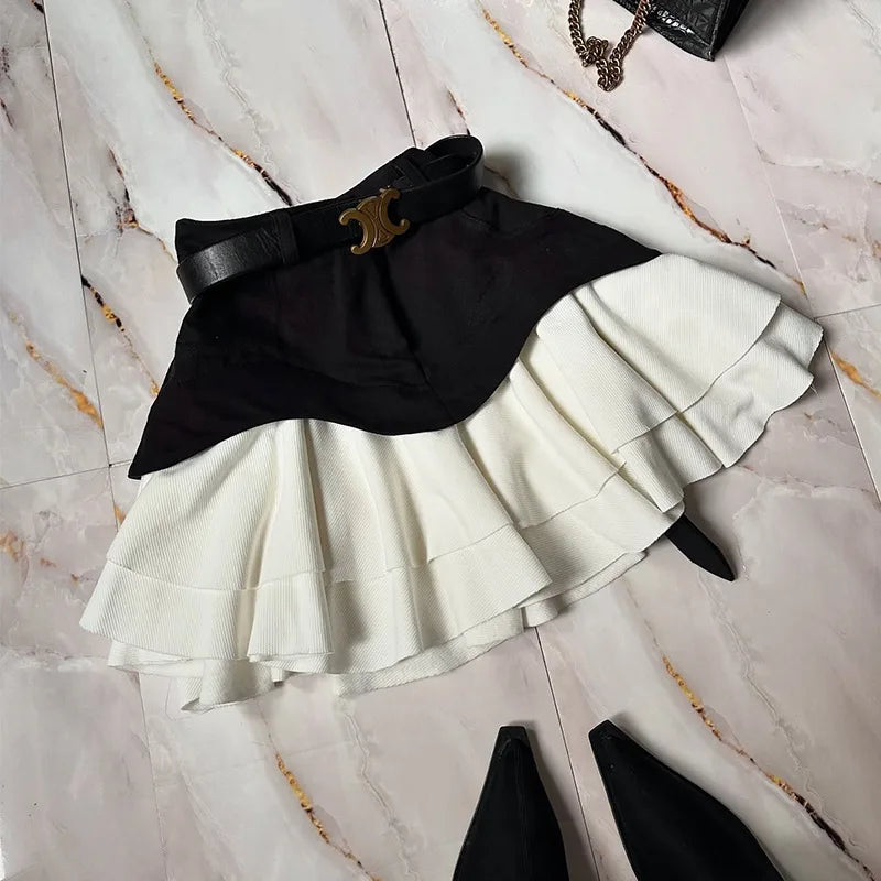Denim Cake Skirt Women A Line Short Skirts High Waist Ruffles Elegant Splice Y2k Streetwear Party Pleated Slim Fit 2025 Spring