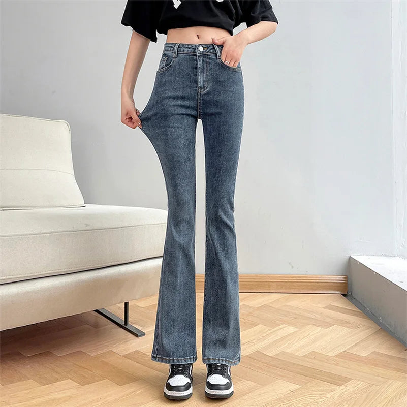 Women Fashion Flare Jeans Winter Streetwear Y2K Straight Pants Ankle Length Denim Jeans Girls Party Casual Retro Blue Trousers