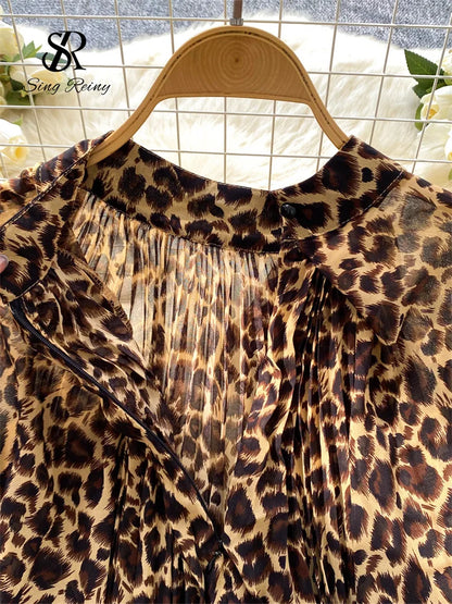 Autumn Leopard Print Blouse Women Bow Neck Long Sleeves Loose Top Korean Style Ins Polka Dot Chiffon Shirt 2025