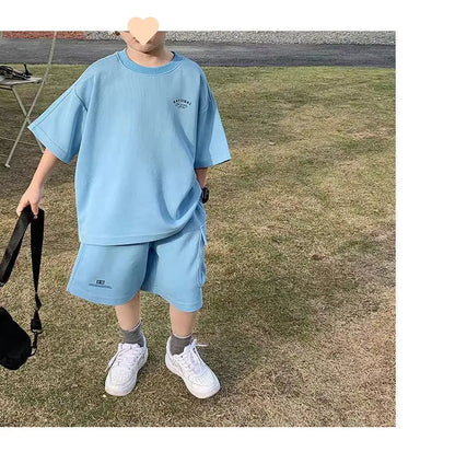 Summer Casual Boys Cotton Loose Alphabet T-shirt Tops+Short Pants Set School Kids Tracksuit Children 2-Piece Outfit Suit 2-14Yrs