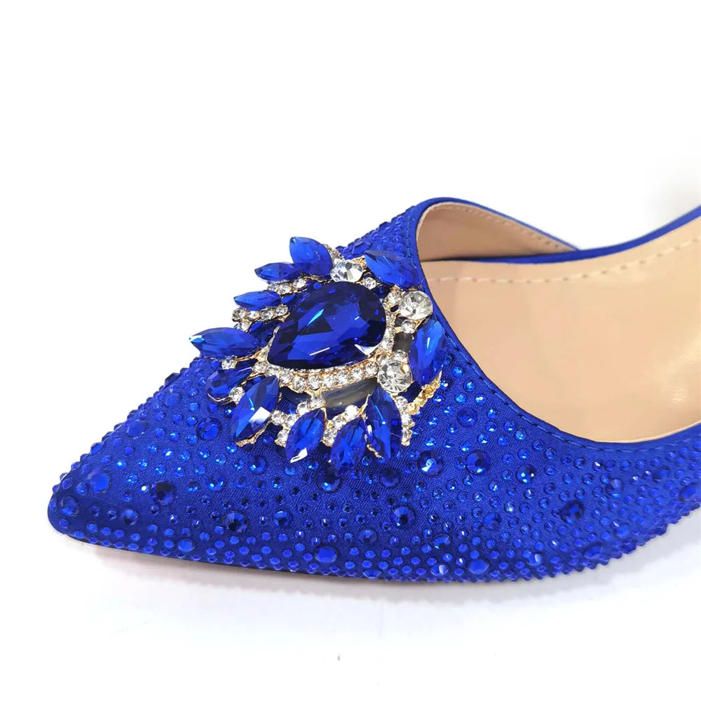 Royal Blue Sandals for Women 2024 Luxury Wedding Pumps Med Heels Rhinestone Design Party Shoes and Bags Set