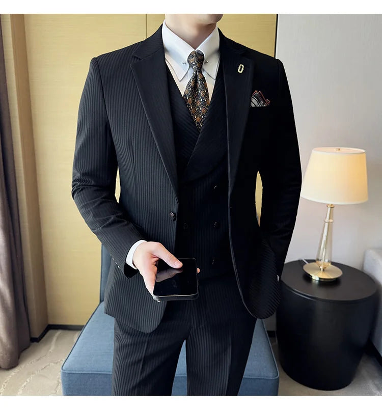 Luxury Stripe Men Suit Korean Version Fashion Elegant Slim Fit Tuxedo Formal Groom Wedding Social Suits