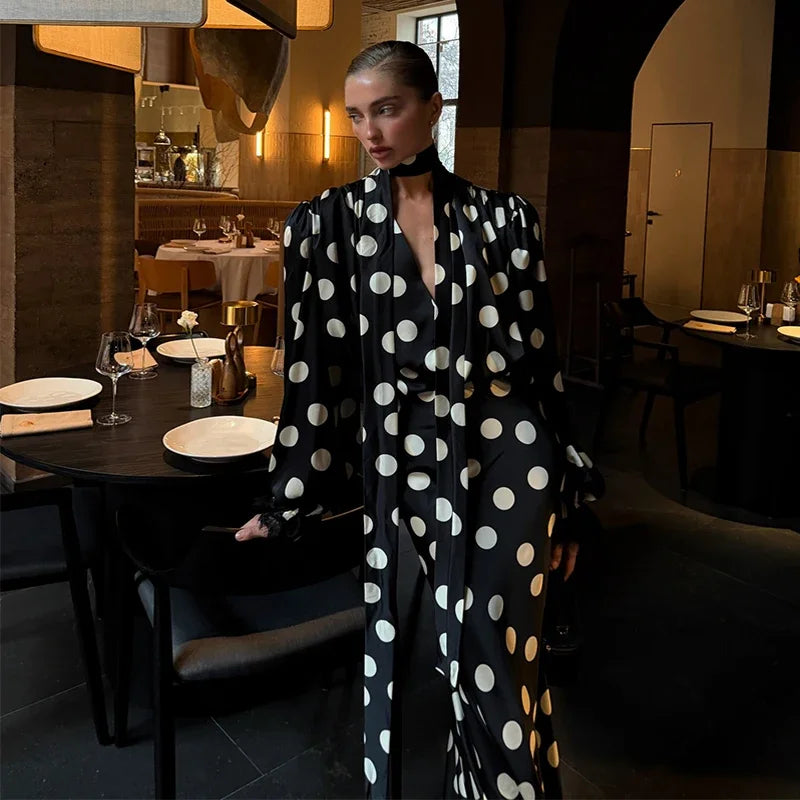 Elegant Polka Dot Satin Blouse Skirt Suit Women V-Neck Tie Neck Shirt High Waist Skirts 2026 Spring Summer Lady 2 Pieces Set New