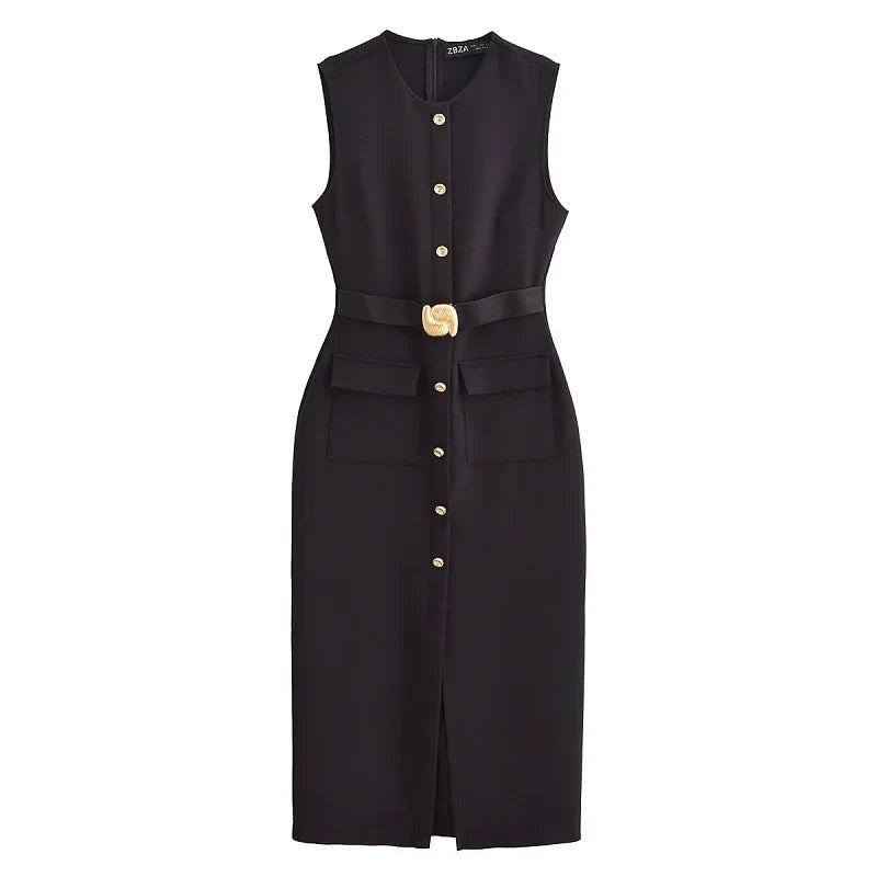2025 Womens Dresses Black Office Long Dresses for Women Spring Sleeveless Midi Dress Woman Belt Button Women's Dress Vest