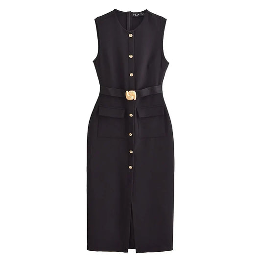 2025 Womens Dresses Black Office Long Dresses for Women Spring Sleeveless Midi Dress Woman Belt Button Women's Dress Vest
