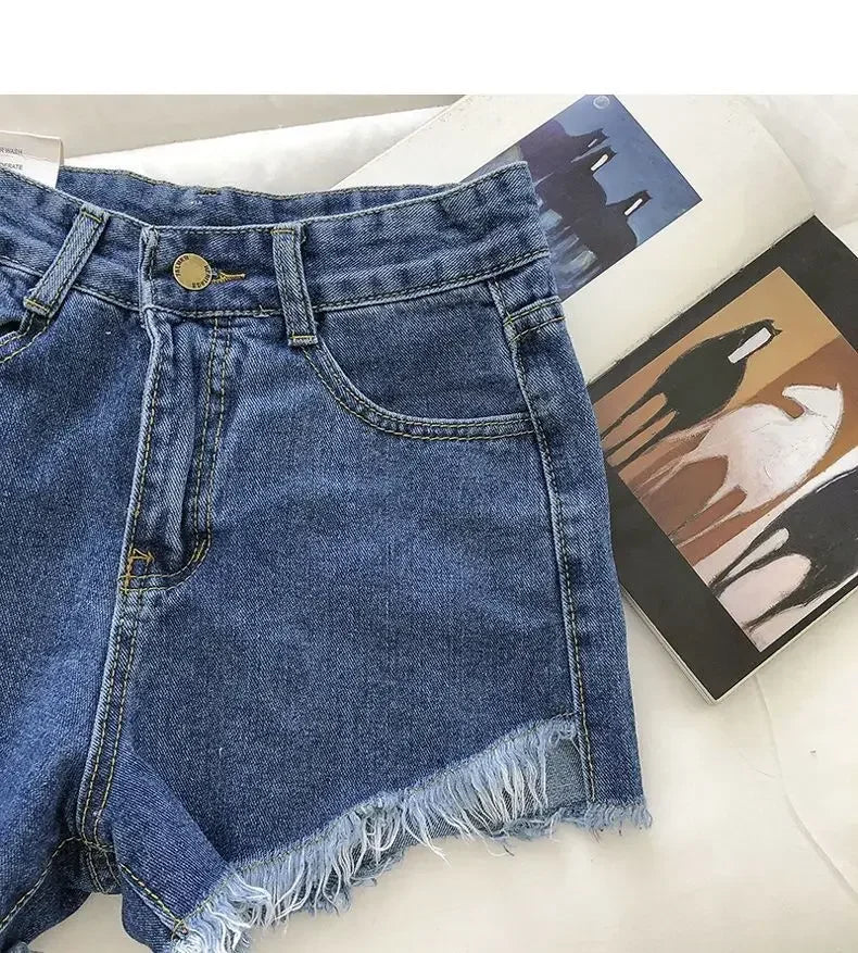 2025 New Summer Women High Wiast Raw Hem Denim Shorts Soild White Black Blue Korean Wide Leg Pants Mon Shorts  Jean Shorts