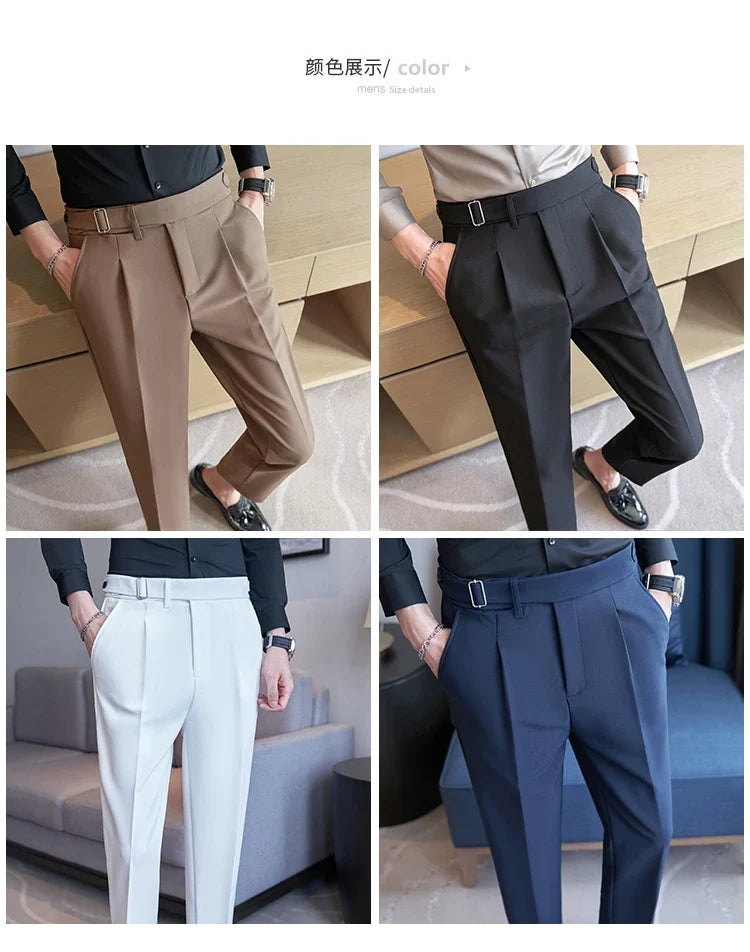 2026 Texture Naples Men's Solid Color Casual Pants Fashion Belt Design Slim Fit Suit Pants Formal Wear Wedding Social Trousers