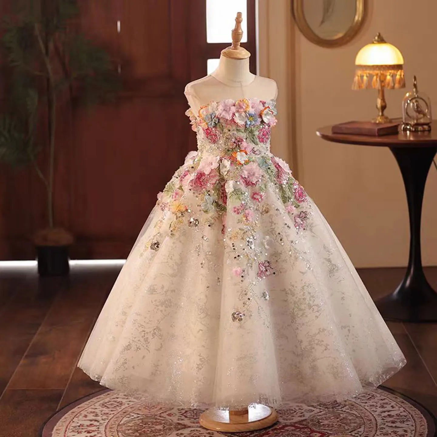 J292 Floral Luxury Long Handmade Flowers Beads Girl Dress for Princess Wedding Birthday Party Gowns vestidos de novia