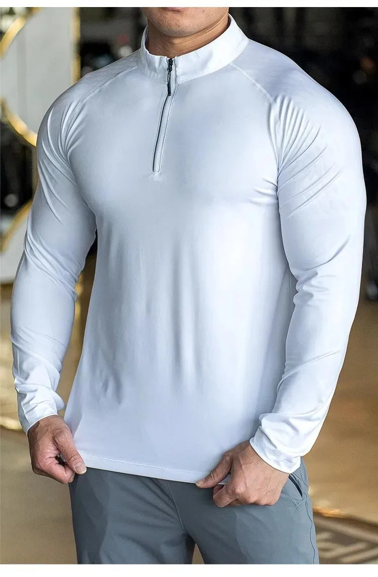 New Autumn Winter Running Gym Men Shirt Long Sleeve Tees Elastic Fit Sports Training Fitness Quick Dry Zip Collar Polo T Shirt