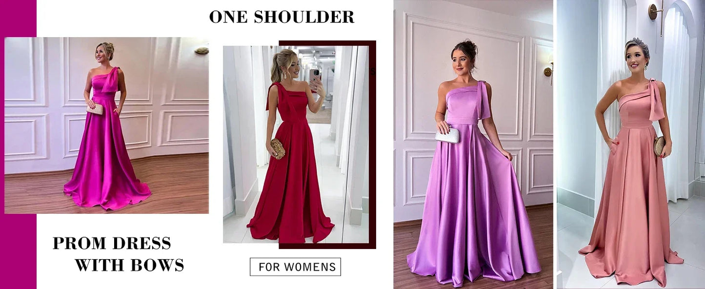 One Shoulder Large Bow Bridesmaid Dress with Pleated Satin and Pockets Simple ,Stylish Ball Dressadies' Guest One Shoulder Dress