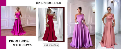 One Shoulder Large Bow Bridesmaid Dress with Pleated Satin and Pockets Simple ,Stylish Ball Dressadies' Guest One Shoulder Dress